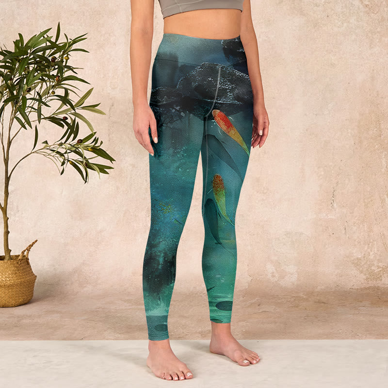 Nimara Ritual Pond Koi Fish Rocks Print Sports Leggings Women's Yoga Pants