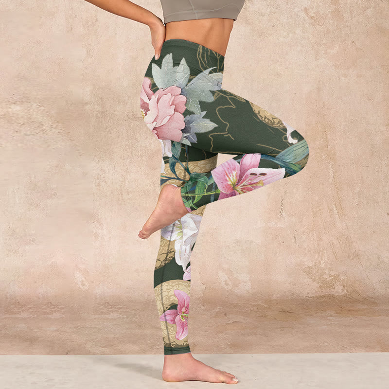 Nimara Ritual Green Golden Snake Lily Peony Flowers Print Gym Leggings Women's Yoga Pants