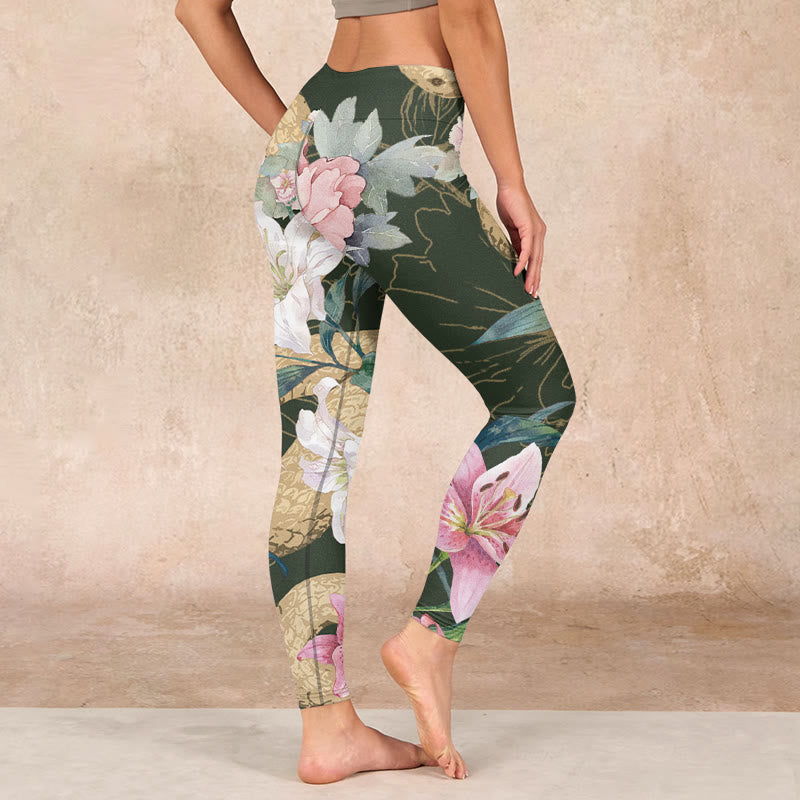 Nimara Ritual Green Golden Snake Lily Peony Flowers Print Gym Leggings Women's Yoga Pants