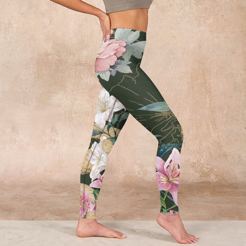 Nimara Ritual Green Golden Snake Lily Peony Flowers Print Gym Leggings Women's Yoga Pants
