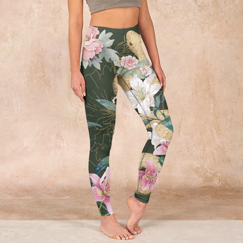 Nimara Ritual Green Golden Snake Lily Peony Flowers Print Gym Leggings Women's Yoga Pants