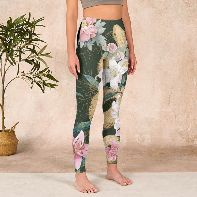 Nimara Ritual Green Golden Snake Lily Peony Flowers Print Gym Leggings Women's Yoga Pants