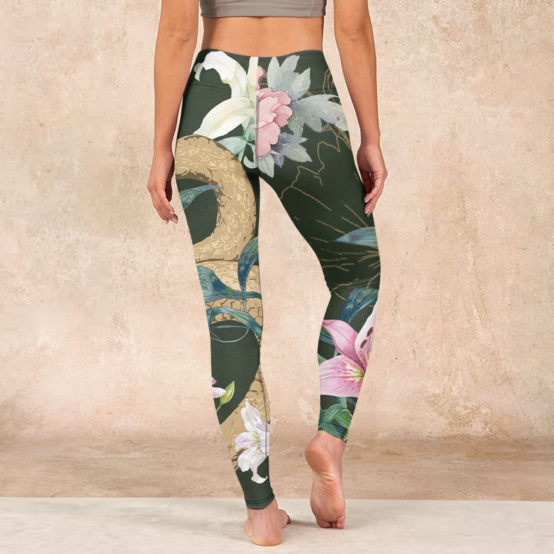 Nimara Ritual Green Golden Snake Lily Peony Flowers Print Gym Leggings Women's Yoga Pants