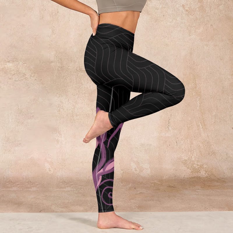 Nimara Ritual Black Pink Lotus Flower Print Gym Leggings Women's Yoga Pants