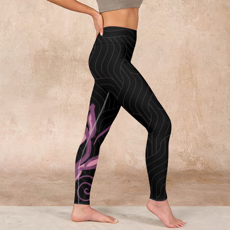 Nimara Ritual Black Pink Lotus Flower Print Gym Leggings Women's Yoga Pants