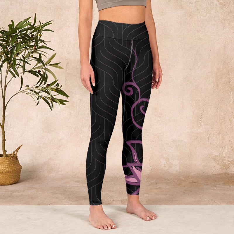 Nimara Ritual Black Pink Lotus Flower Print Gym Leggings Women's Yoga Pants