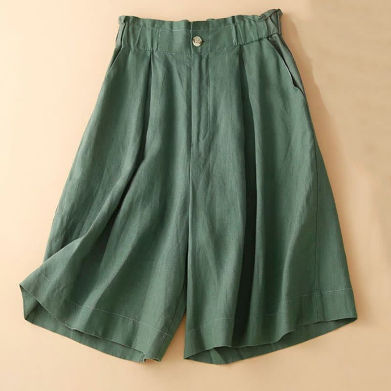 Nimara Ritual Plain Color Pleated Zipper Button Cotton Linen Women's Shorts With Pockets
