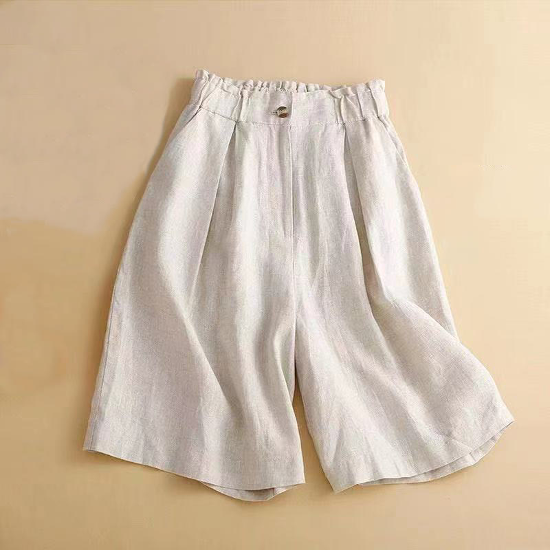 Nimara Ritual Plain Color Pleated Zipper Button Cotton Linen Women's Shorts With Pockets