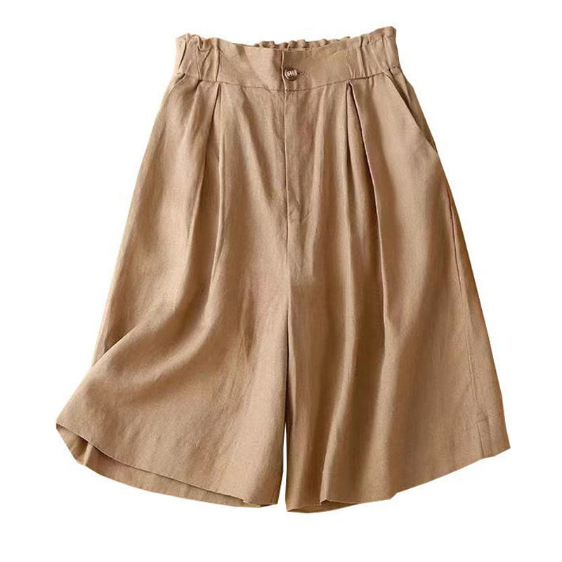 Nimara Ritual Plain Color Pleated Zipper Button Cotton Linen Women's Shorts With Pockets
