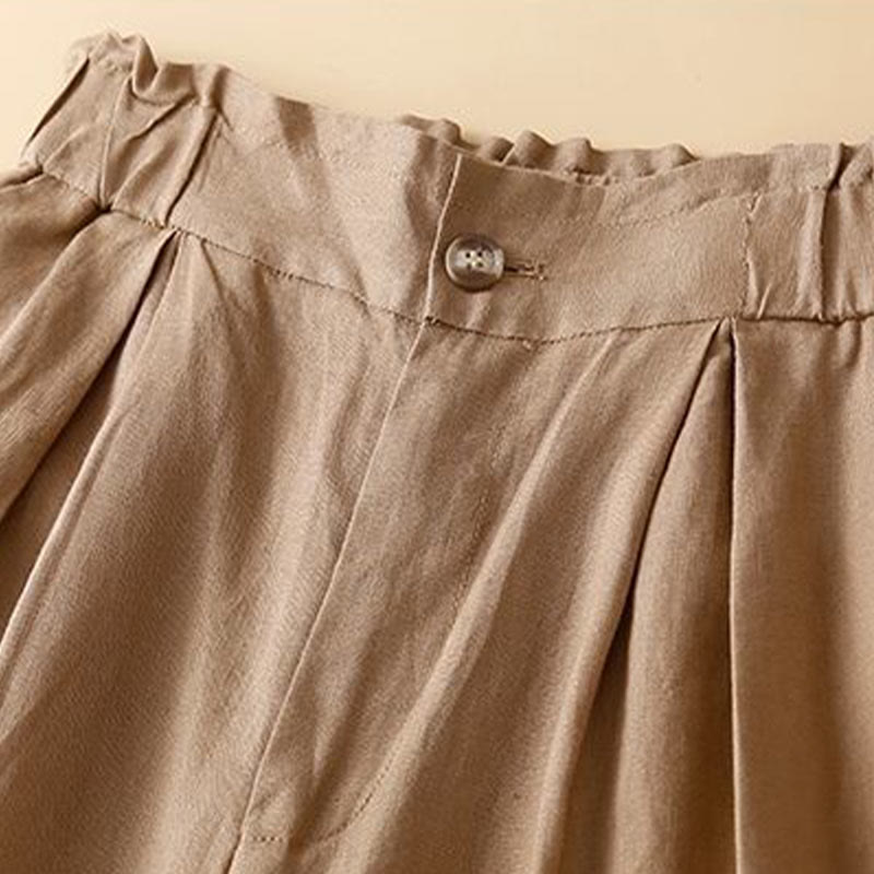 Nimara Ritual Plain Color Pleated Zipper Button Cotton Linen Women's Shorts With Pockets