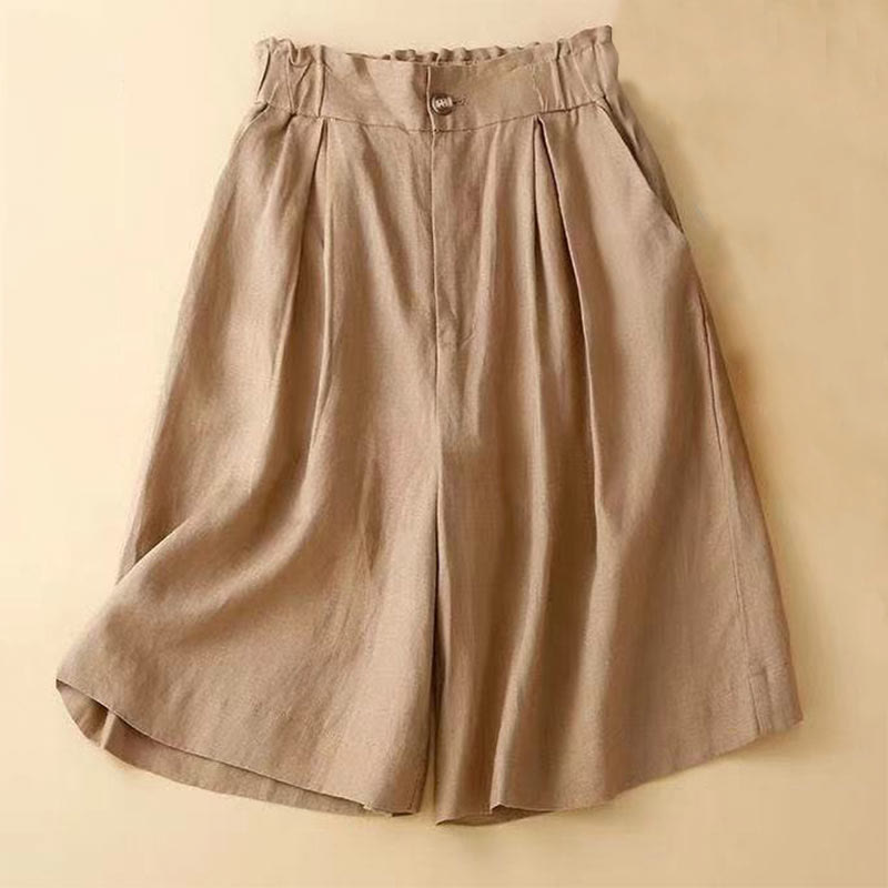 Nimara Ritual Plain Color Pleated Zipper Button Cotton Linen Women's Shorts With Pockets