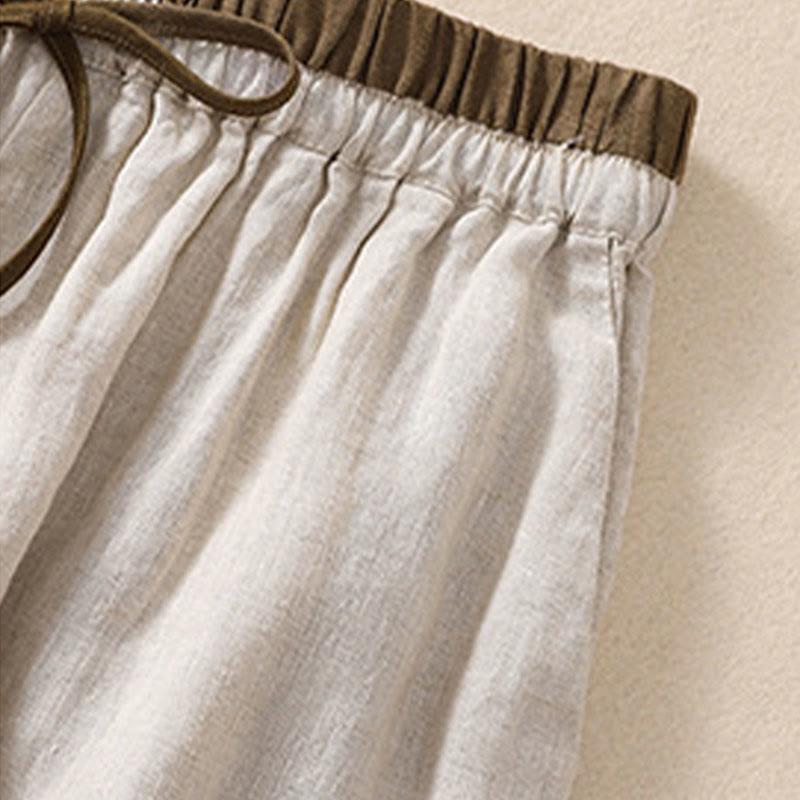 Nimara Ritual Solid Color Contrast Color Waist Lace-up Cotton Linen Women's Shorts With Pockets