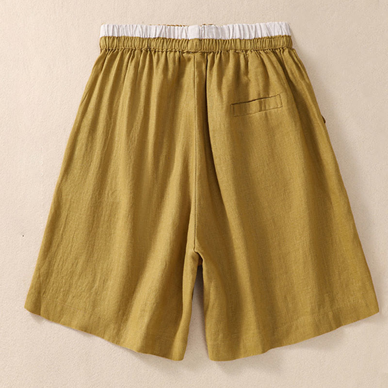 Nimara Ritual Solid Color Contrast Color Waist Lace-up Cotton Linen Women's Shorts With Pockets