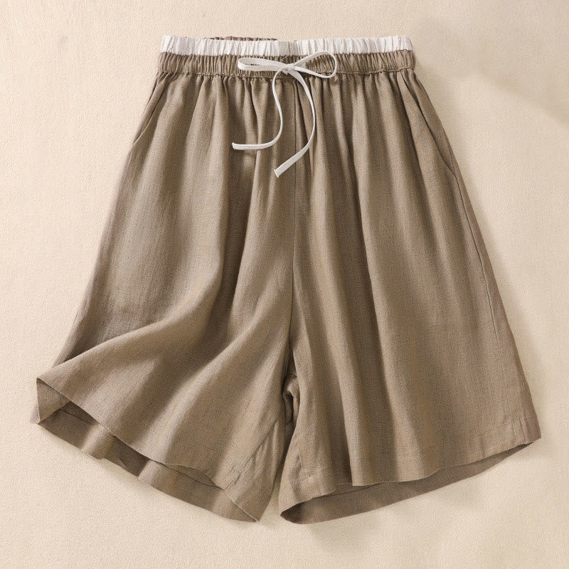 Nimara Ritual Solid Color Contrast Color Waist Lace-up Cotton Linen Women's Shorts With Pockets