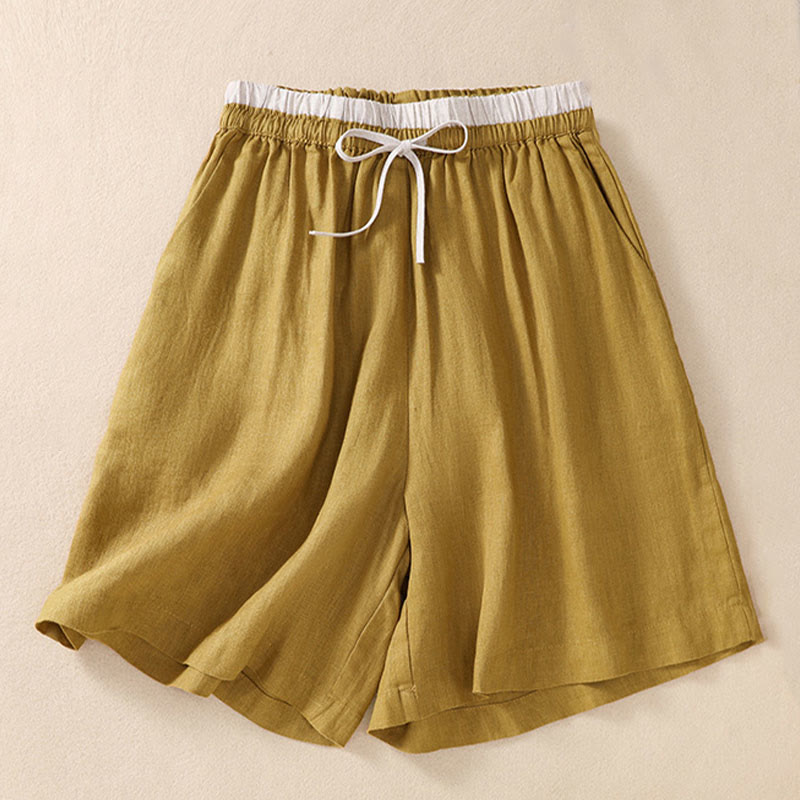 Nimara Ritual Solid Color Contrast Color Waist Lace-up Cotton Linen Women's Shorts With Pockets