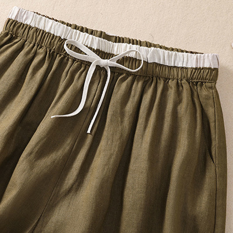 Nimara Ritual Solid Color Contrast Color Waist Lace-up Cotton Linen Women's Shorts With Pockets