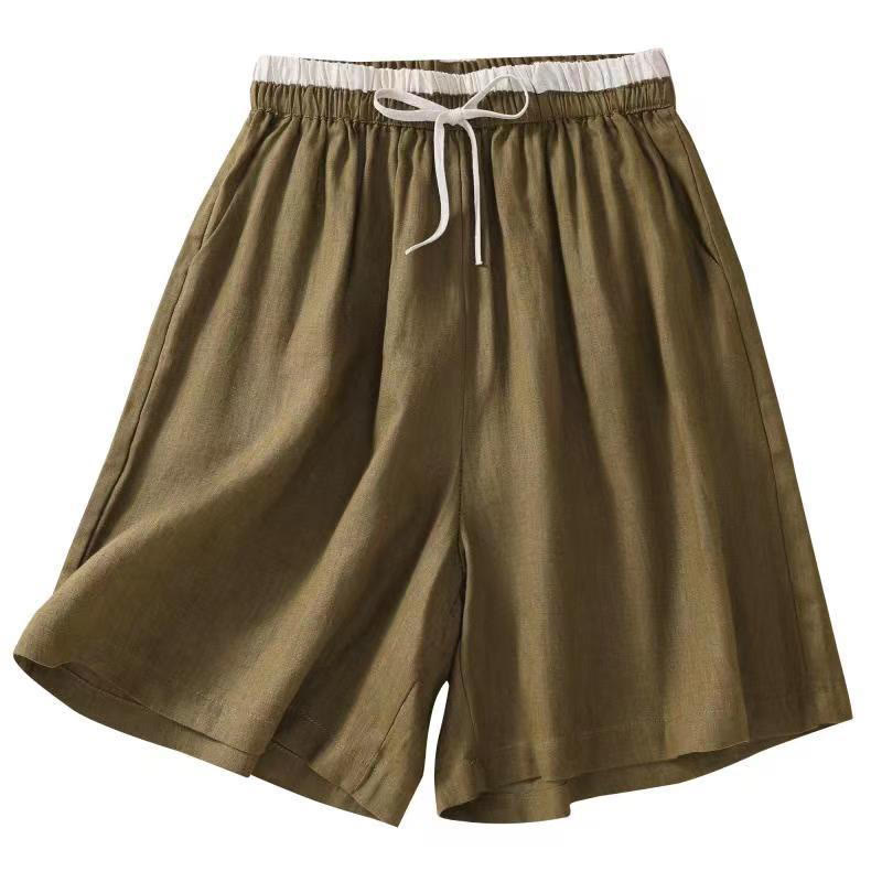 Nimara Ritual Solid Color Contrast Color Waist Lace-up Cotton Linen Women's Shorts With Pockets