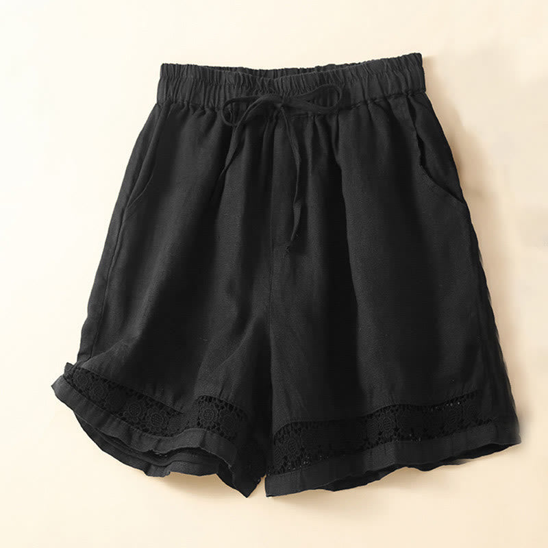 Nimara Ritual Plain Color Bottom Hollow Lace Design Lace-up Cotton Women's Shorts With Pockets
