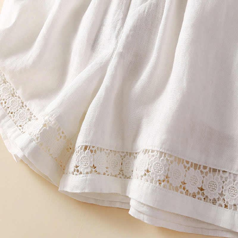 Nimara Ritual Plain Color Bottom Hollow Lace Design Lace-up Cotton Women's Shorts With Pockets