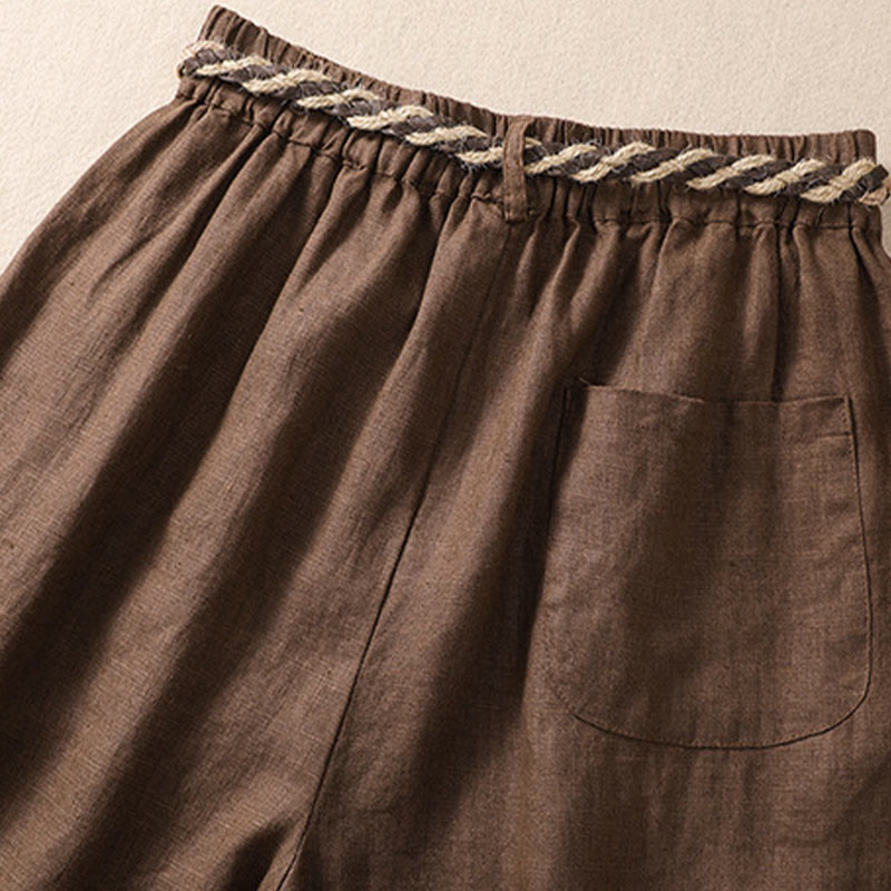 Nimara Ritual Casual Solid Color Turn Up Cuff Belt Cotton Linen Women's Shorts With Pockets