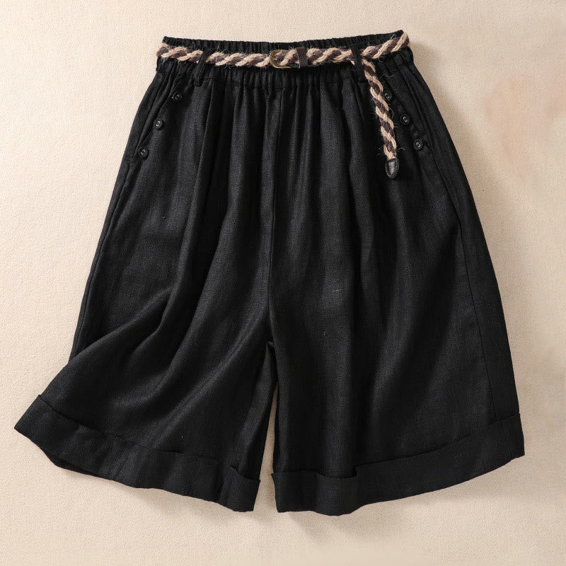 Nimara Ritual Casual Solid Color Turn Up Cuff Belt Cotton Linen Women's Shorts With Pockets