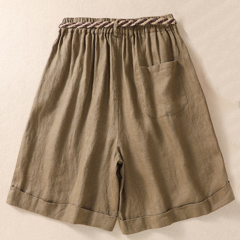 Nimara Ritual Casual Solid Color Turn Up Cuff Belt Cotton Linen Women's Shorts With Pockets