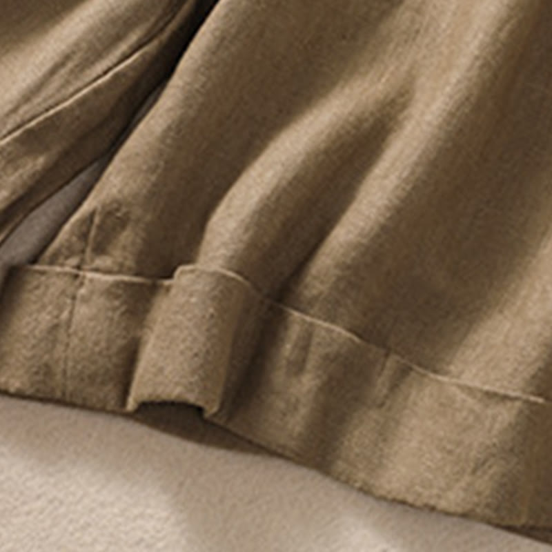 Nimara Ritual Casual Solid Color Turn Up Cuff Belt Cotton Linen Women's Shorts With Pockets