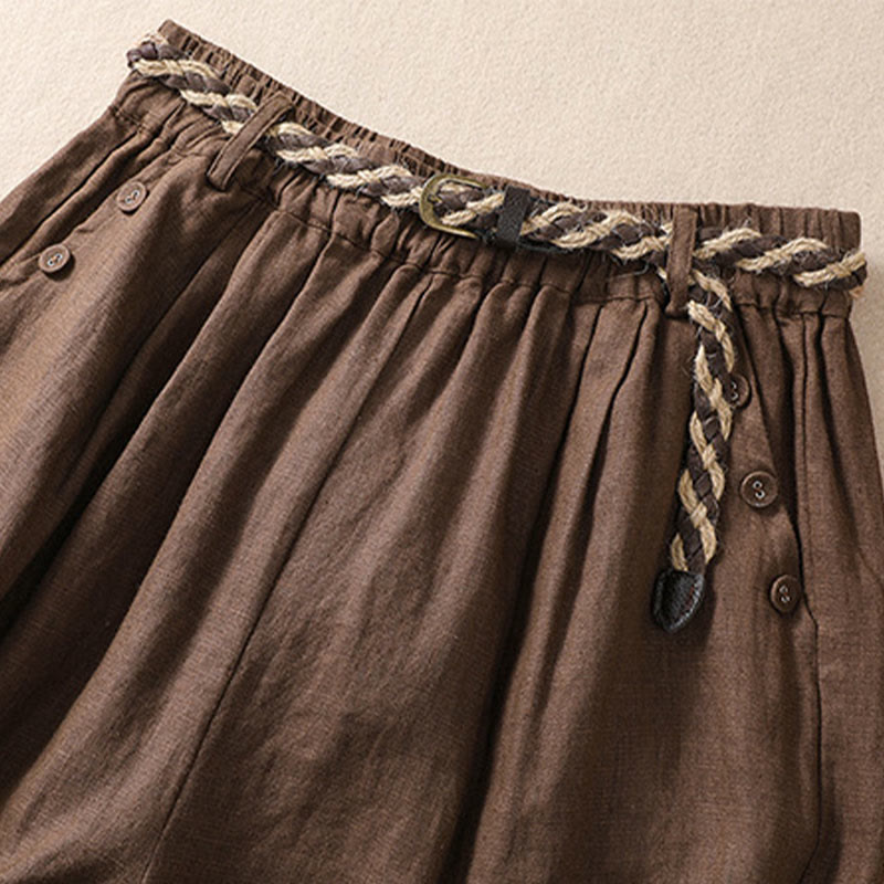 Nimara Ritual Casual Solid Color Turn Up Cuff Belt Cotton Linen Women's Shorts With Pockets