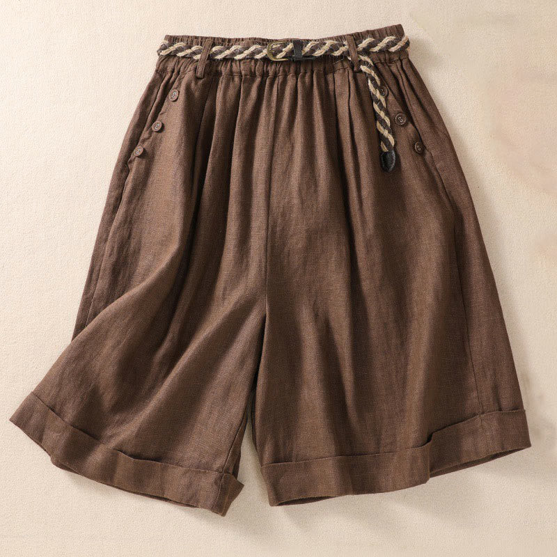 Nimara Ritual Casual Solid Color Turn Up Cuff Belt Cotton Linen Women's Shorts With Pockets