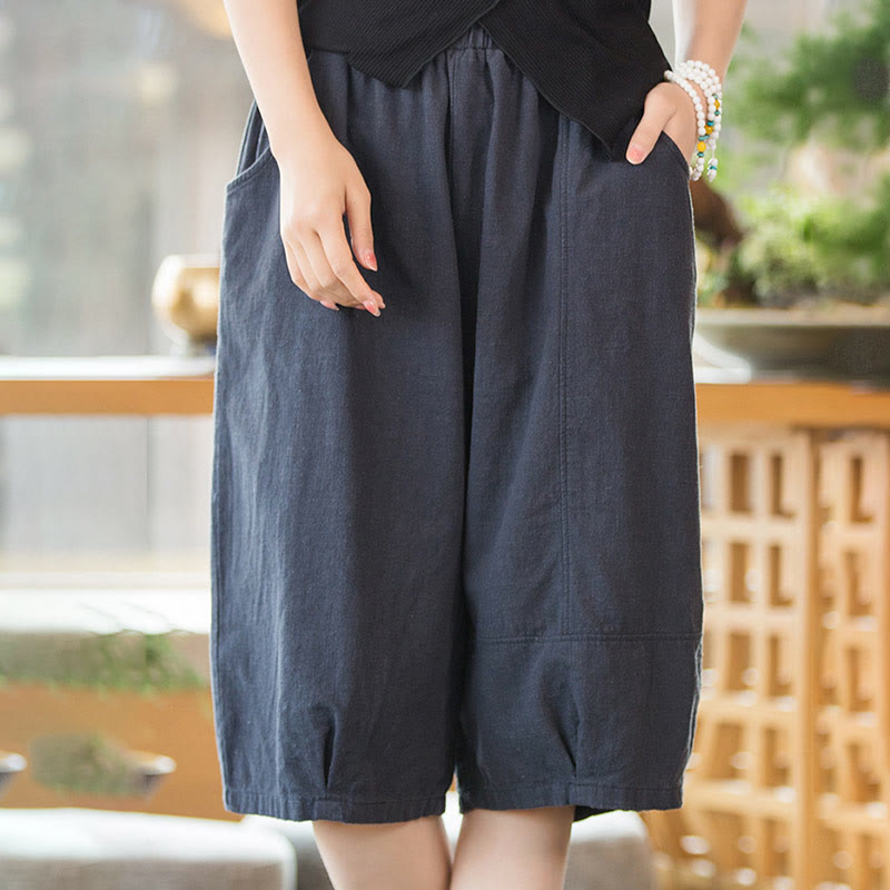 Nimara Ritual Casual Plain Color Cotton Ramie Women's Shorts With Pockets