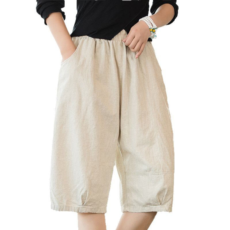 Nimara Ritual Casual Plain Color Cotton Ramie Women's Shorts With Pockets