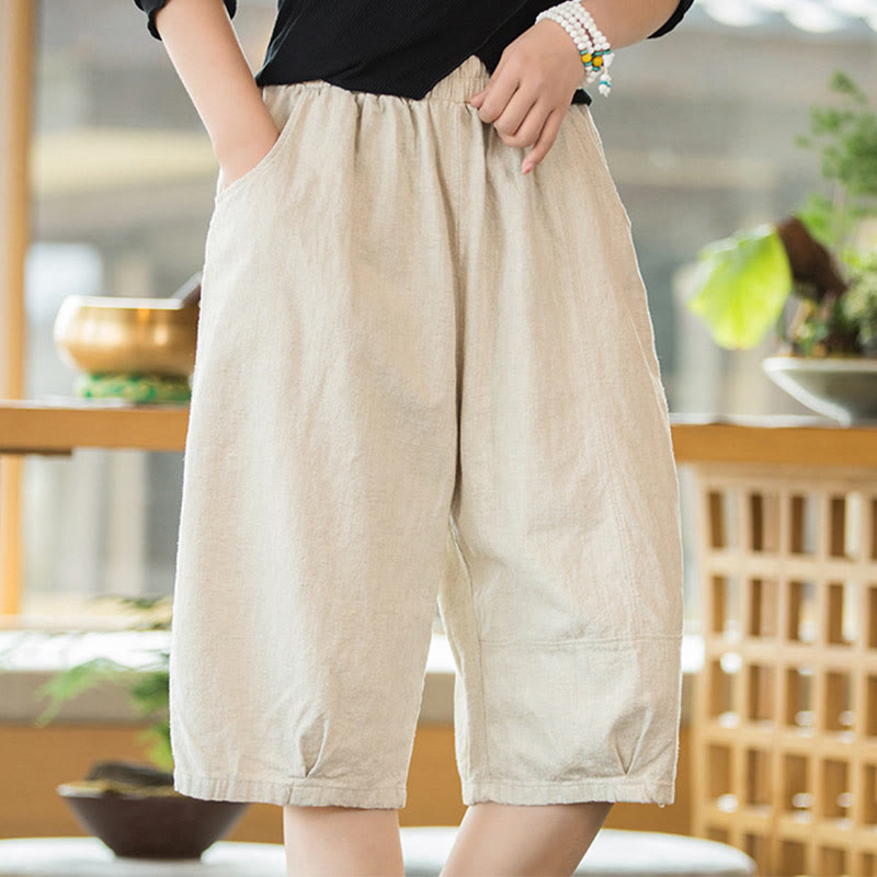 Nimara Ritual Casual Plain Color Cotton Ramie Women's Shorts With Pockets