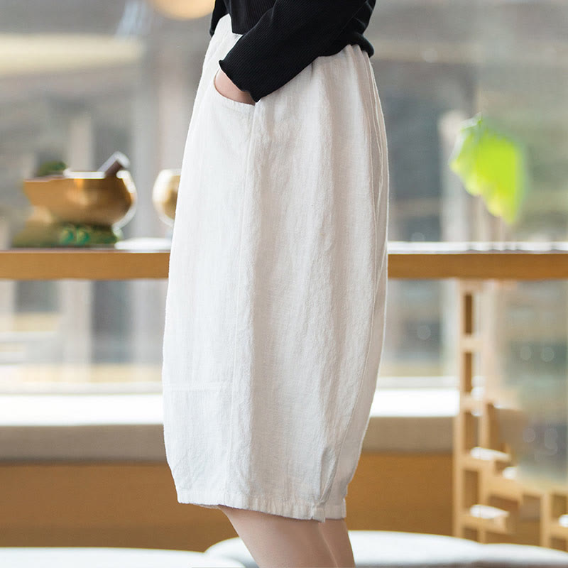 Nimara Ritual Casual Plain Color Cotton Ramie Women's Shorts With Pockets