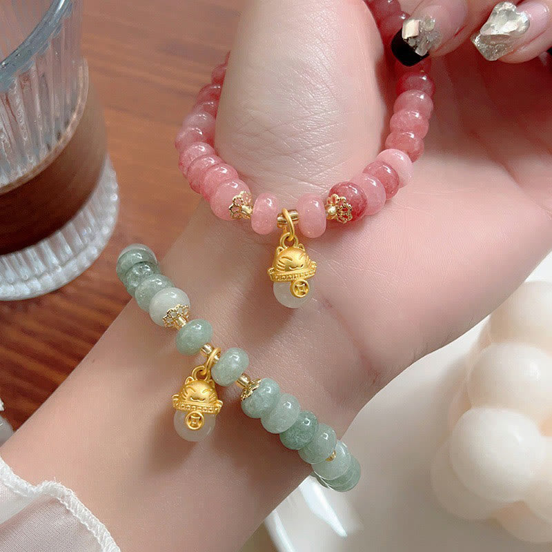 Nimara Ritual Strawberry Quartz Cyan Jade Lucky Cat Beads Healing Bracelet