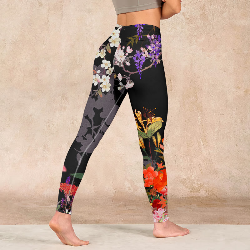 Nimara Ritual Black Colorful Flowers Print Gym Leggings Women's Yoga Pants