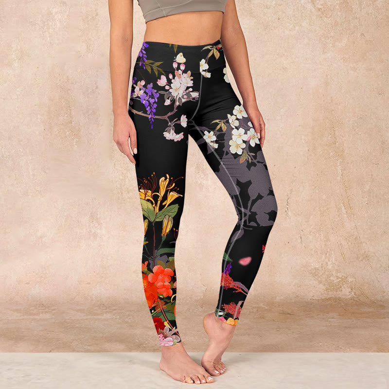 Nimara Ritual Black Colorful Flowers Print Gym Leggings Women's Yoga Pants