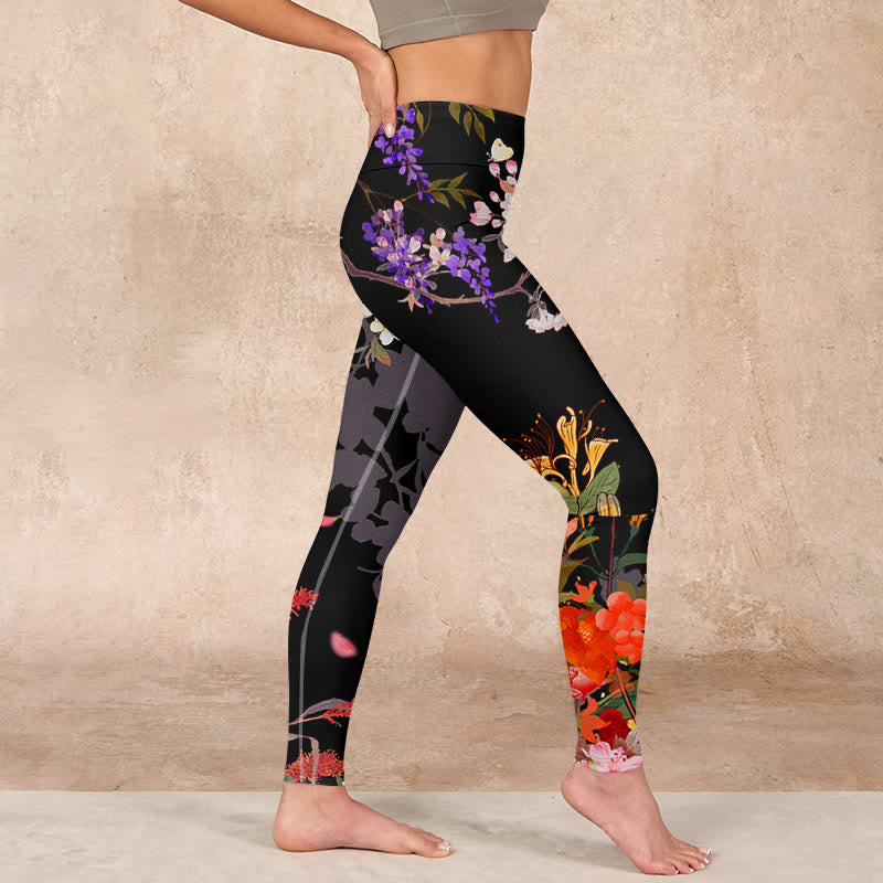 Nimara Ritual Black Colorful Flowers Print Gym Leggings Women's Yoga Pants
