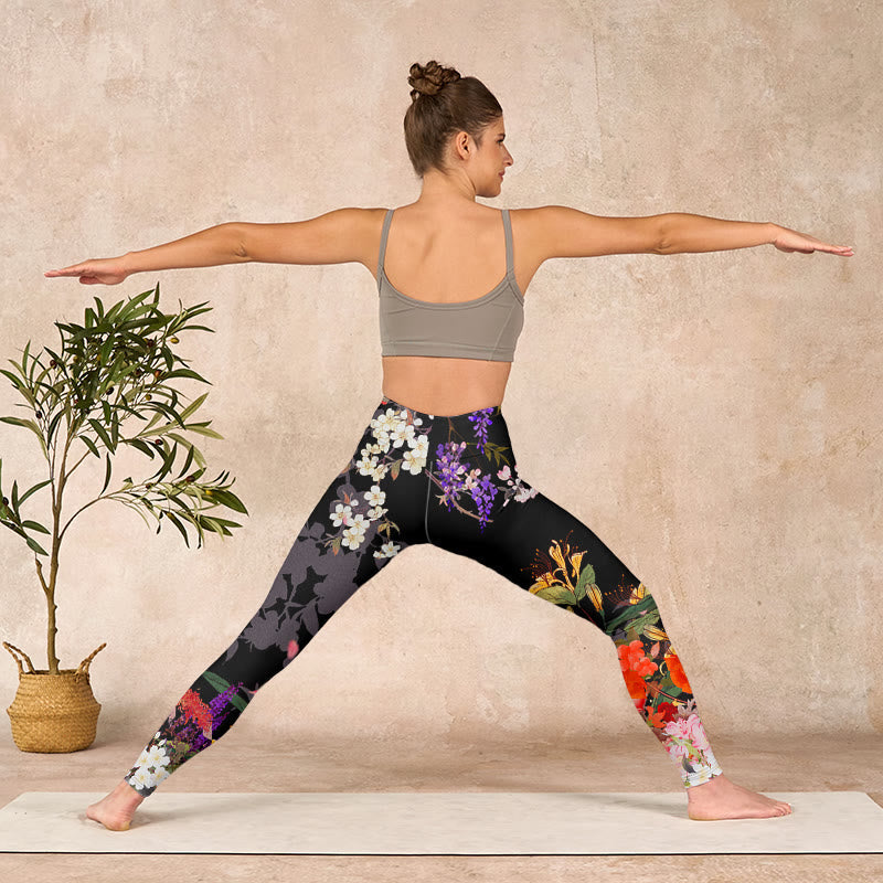 Nimara Ritual Black Colorful Flowers Print Gym Leggings Women's Yoga Pants