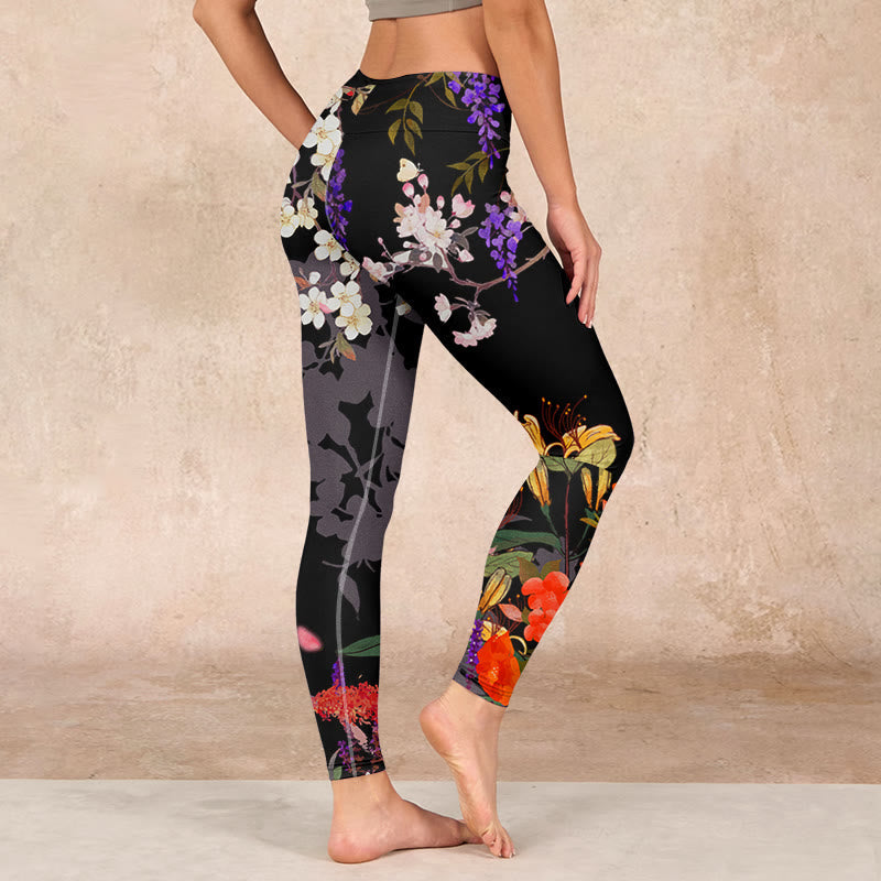 Nimara Ritual Black Colorful Flowers Print Gym Leggings Women's Yoga Pants