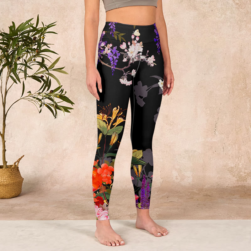 Nimara Ritual Black Colorful Flowers Print Gym Leggings Women's Yoga Pants