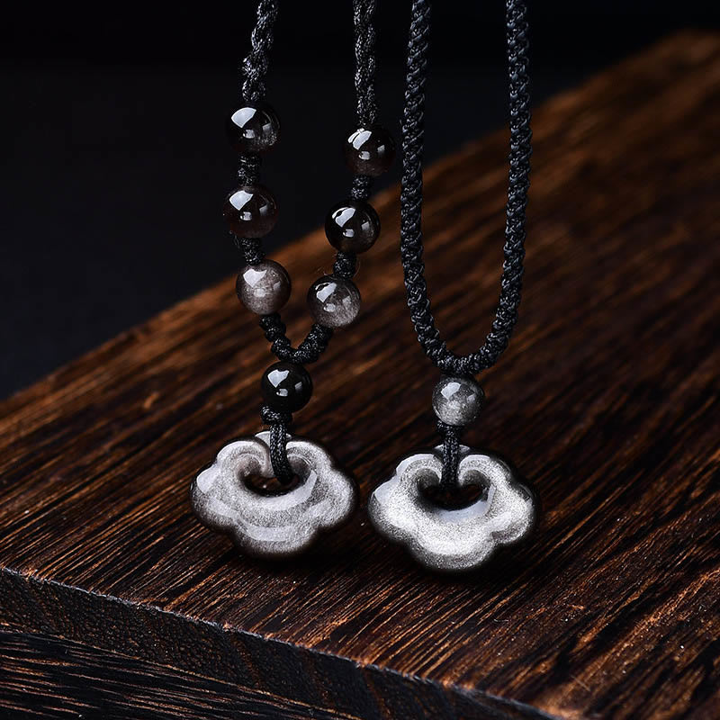 Nimara Ritual Natural Silver Sheen Obsidian Auspicious Clouds Protection Soothing Necklace Pendant