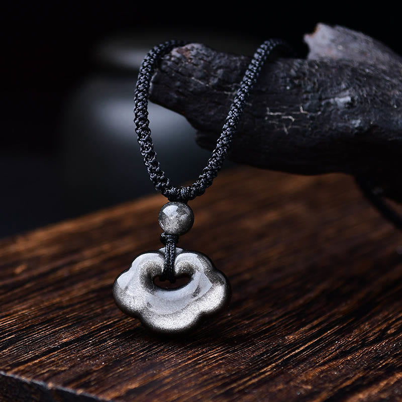 Nimara Ritual Natural Silver Sheen Obsidian Auspicious Clouds Protection Soothing Necklace Pendant