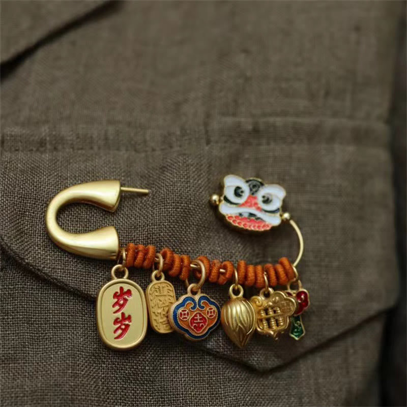 Nimara Ritual Dancing Lion Lotus Bud Copper Fortune Brooch