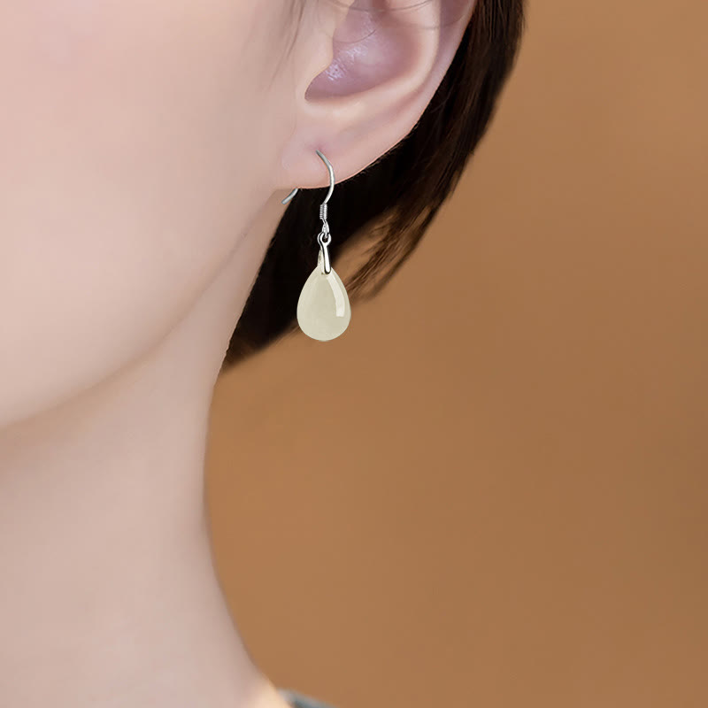 Nimara Ritual 925 Sterling Silver Jade Water Drop Pattern Luck Prosperity Dangle Earrings