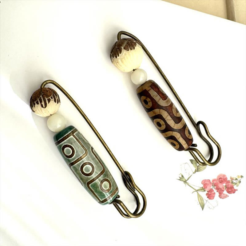 Nimara Ritual Nine-Eye Dzi Bead Bodhi Seed Lotus Protection Brooch