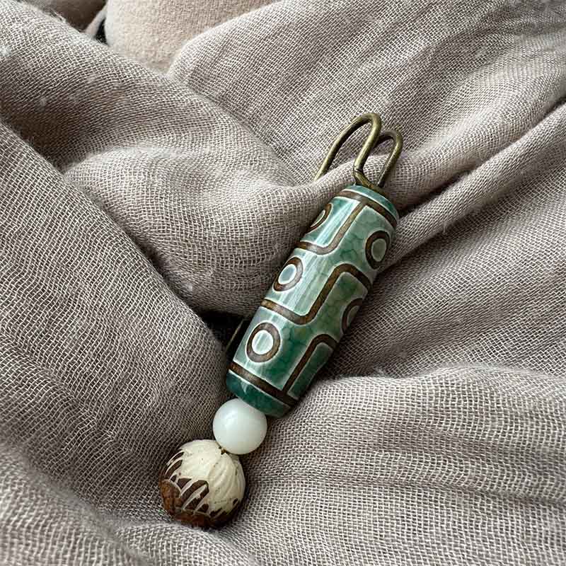 Nimara Ritual Nine-Eye Dzi Bead Bodhi Seed Lotus Protection Brooch