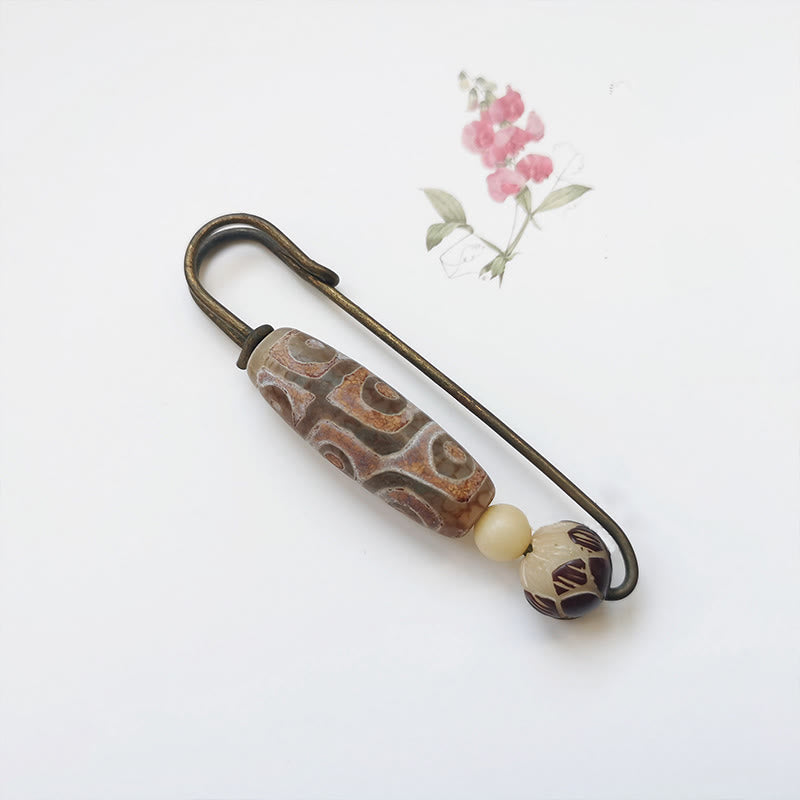 Nimara Ritual Nine-Eye Dzi Bead Bodhi Seed Lotus Protection Brooch