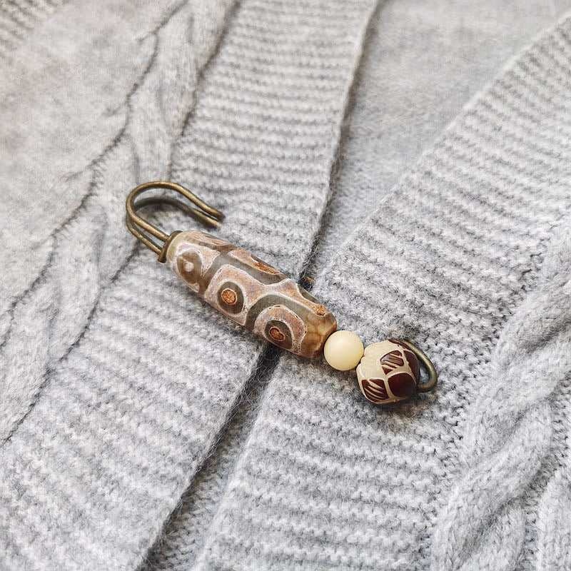 Nimara Ritual Nine-Eye Dzi Bead Bodhi Seed Lotus Protection Brooch