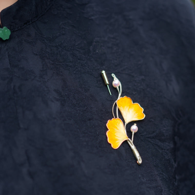 Nimara Ritual Handmade Yangzhou Velvet Flower Mulberry Silk Ginkgo Leaf Brooch