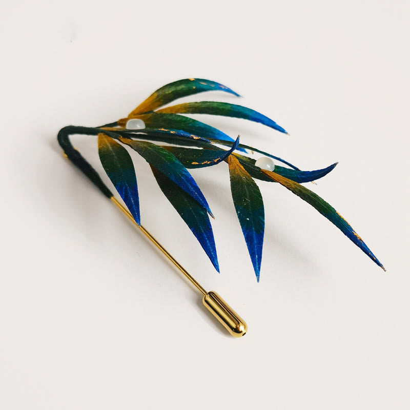 Nimara Ritual Handmade Velvet Flower Mulberry Silk Green Yellow Blue Leaves Brooch
